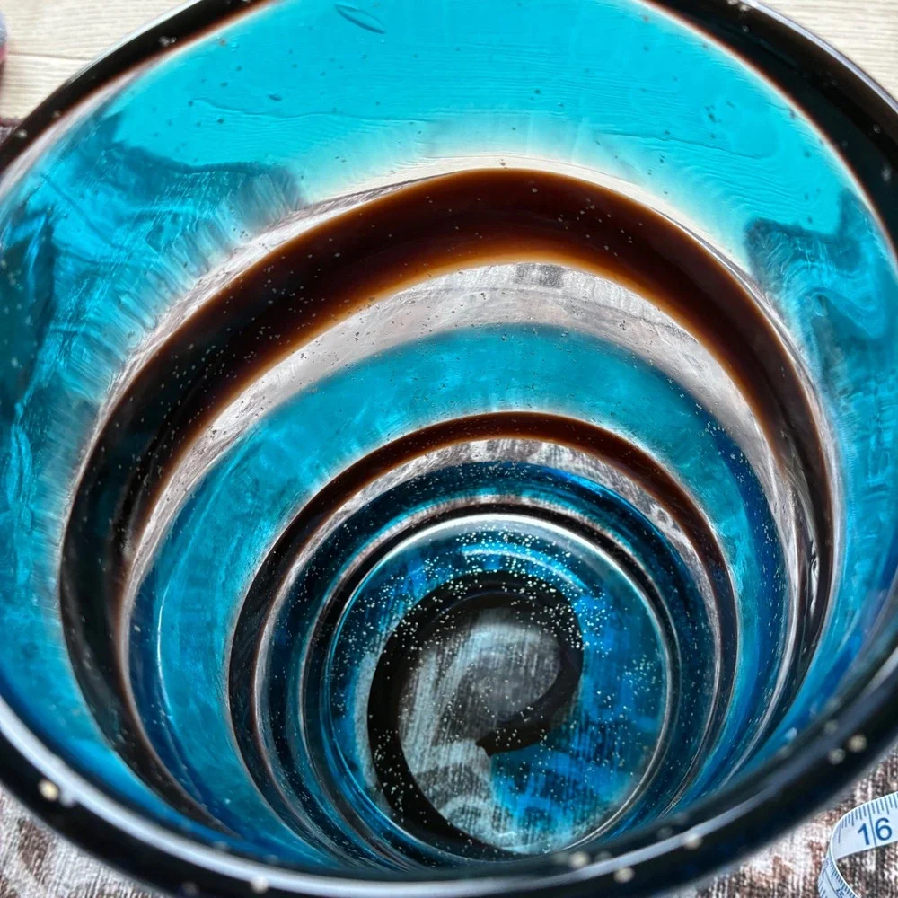 Vintage Murano Style Hand Blown Art Glass Vase Turquoise Blue Brown Swirl 9.5in